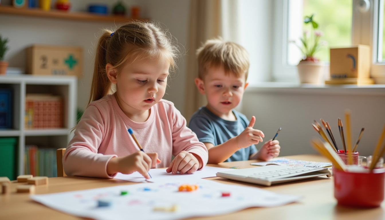 Copii bucuroși într-o grădiniță Montessori din Ploiești, explorând materiale educative