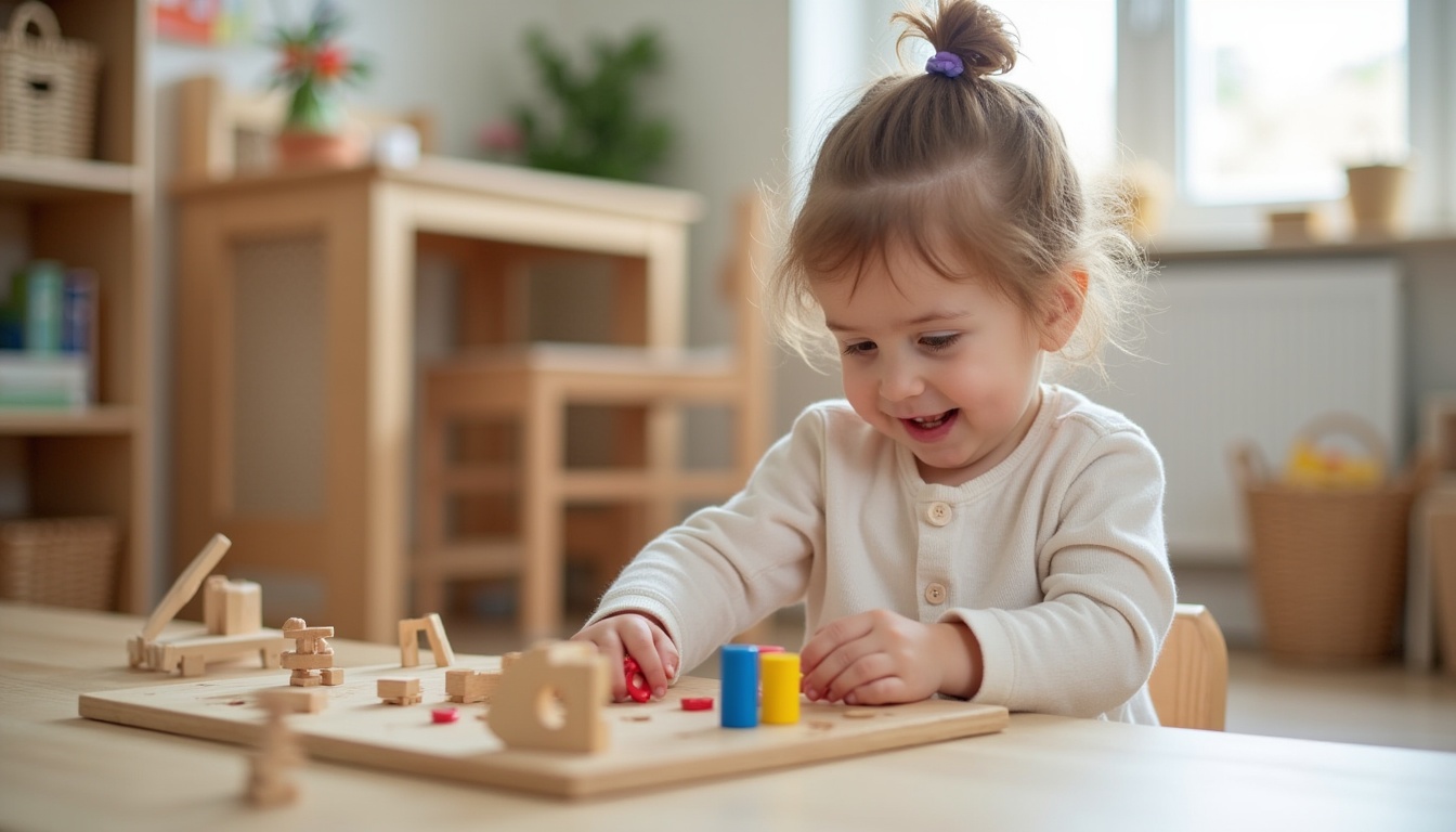 Copii implicați în activități independente într-o sală de clasă Montessori luminoasă, cu materiale educaționale specifice