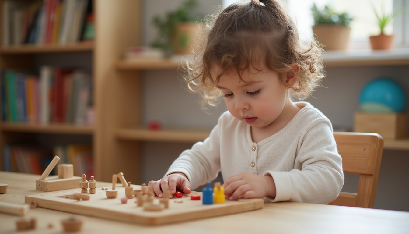 O ilustrație cu Maria Montessori înconjurată de copii care interacționează cu materiale specifice metodei Montessori
